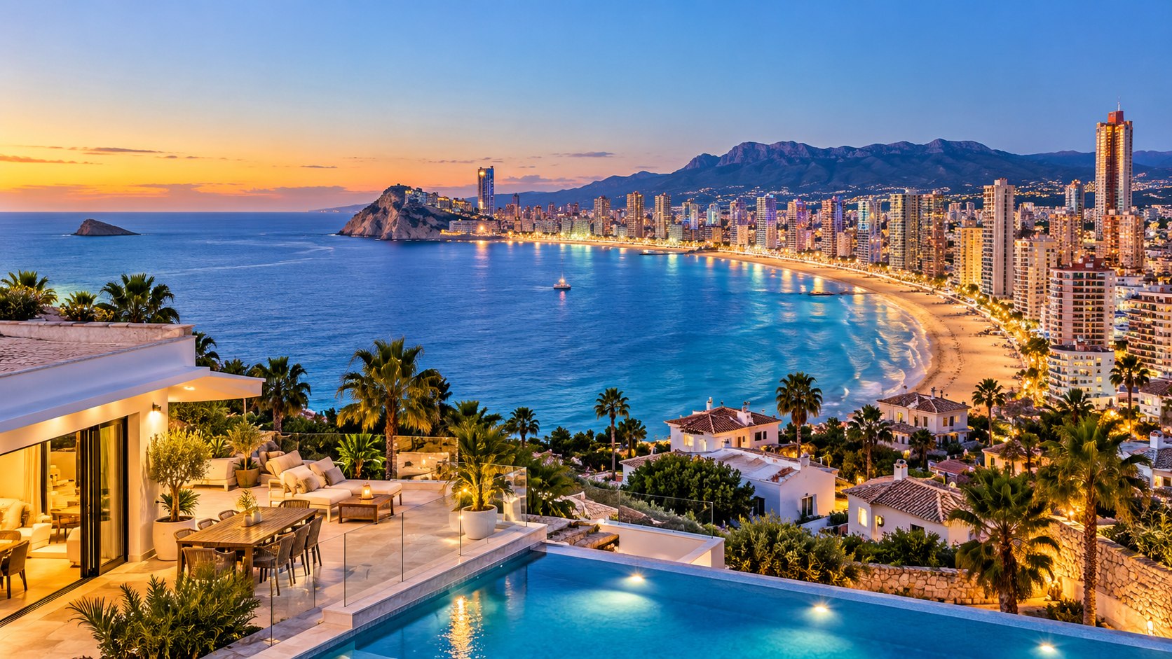 Benidorm bay at dusk seen from a hillside villa terrace, with the beach, the old town headland and the Sierra Helada beyond