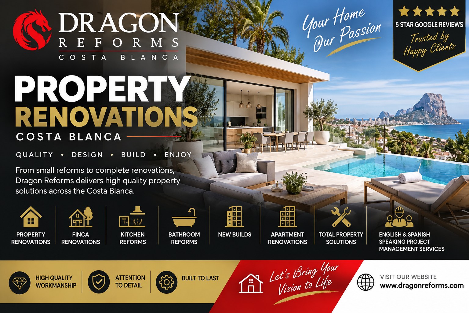 Dragon Reforms Costa Blanca — property renovations, finca renovations, kitchen and bathroom reforms, new builds, apartment renovations and total property solutions. English and Spanish speaking project management.