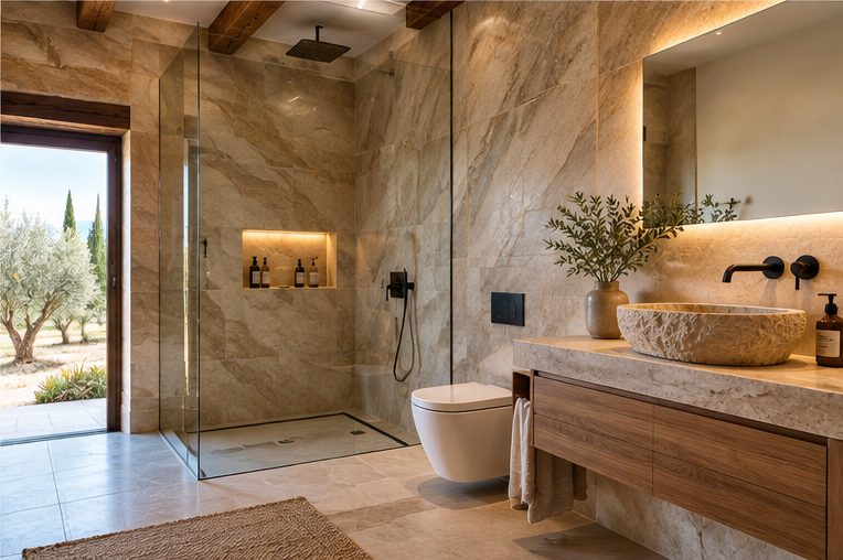 A monolithic stone-style basin on a timber unit, with a walk-in shower in large-format stone-effect panels beyond