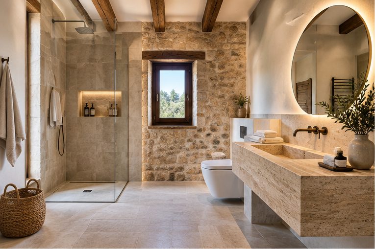 A rustic bathroom with a rough stone wall, a long stone-effect vanity with twin basins and a walk-in shower behind glass