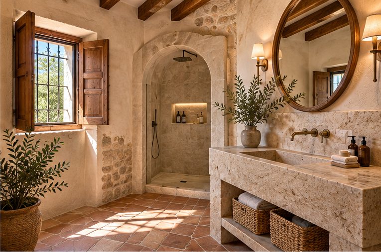 A finca bathroom with exposed stone walls, timber beams, an arched walk-in shower and a round mirror above a stone basin