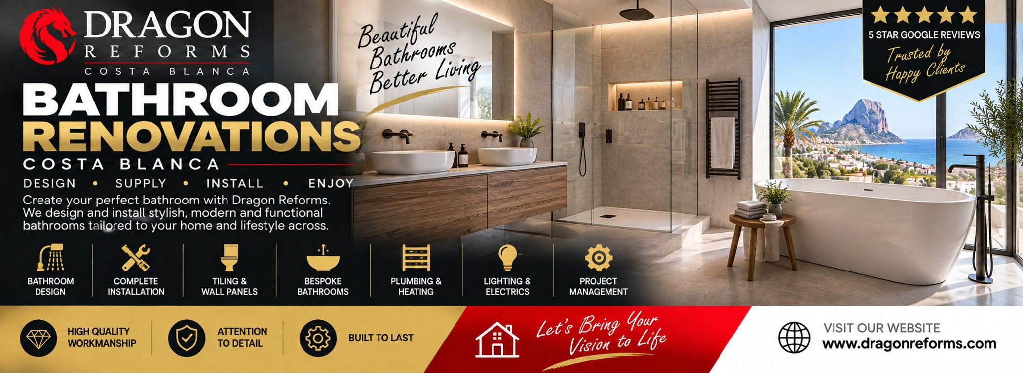 Dragon Reforms bathroom renovations on the Costa Blanca &mdash; bathroom design, complete installation, tiling and wall panels, bespoke bathrooms, plumbing and heating, lighting and electrics, project management
