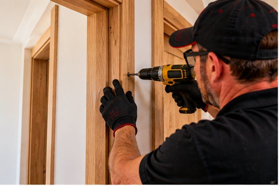 A carpenter fixing an oak door frame with a cordless drill