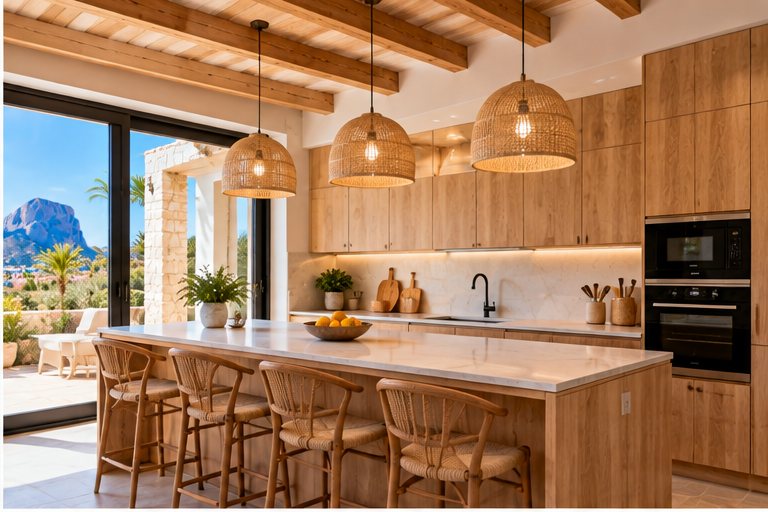 A light oak fitted kitchen with an island and breakfast bar opening onto a terrace with the Peñón de Ifach in the distance