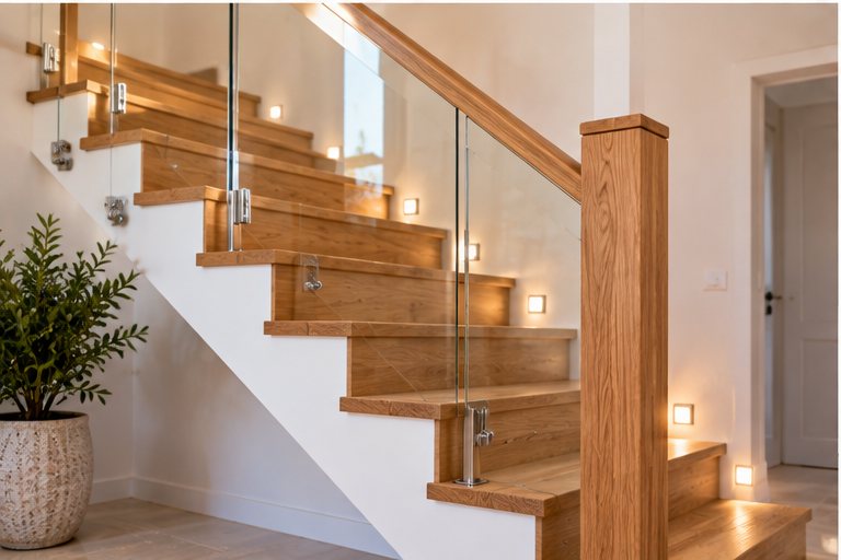 An oak staircase with glass balustrade, oak newel post and low step lighting