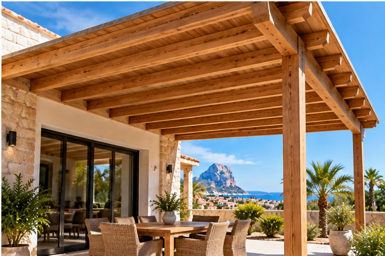 A timber pergola with exposed beams on stone pillars over a terrace dining area, with the Peñón de Ifach and the sea beyond