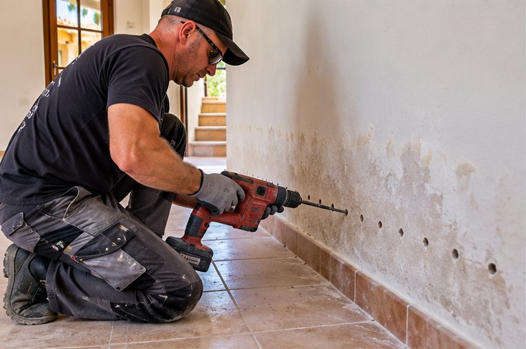 A damp proofing specialist kneeling to drill a line of evenly spaced holes low down an interior wall, just above the terracotta skirting tiles, for a chemical damp proof course, with damp staining spreading up the wall above