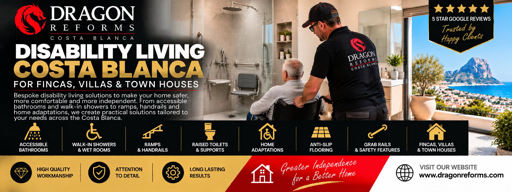 Dragon Reforms Disability Living Costa Blanca banner - a technician and a wheelchair user in an accessible bathroom, with the coast behind