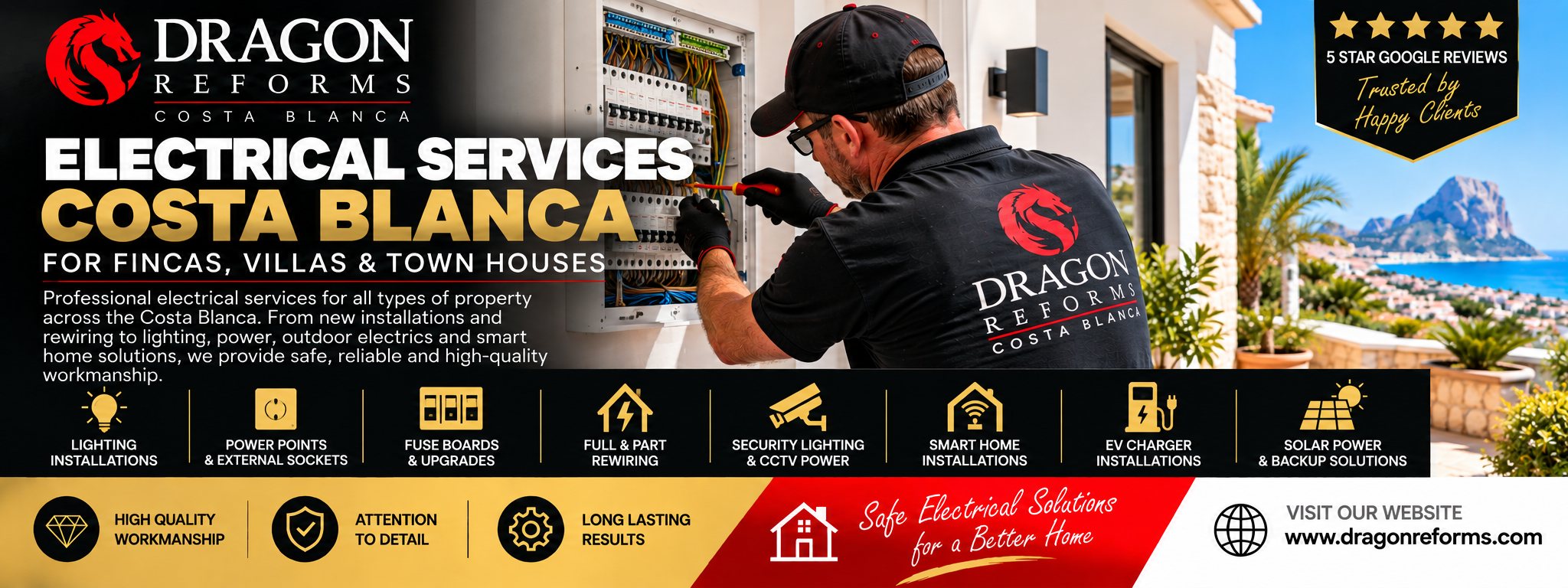 Dragon Reforms Electrical Services Costa Blanca banner - an electrician working at a fuse board, with the Peñón de Ifach and the coast behind