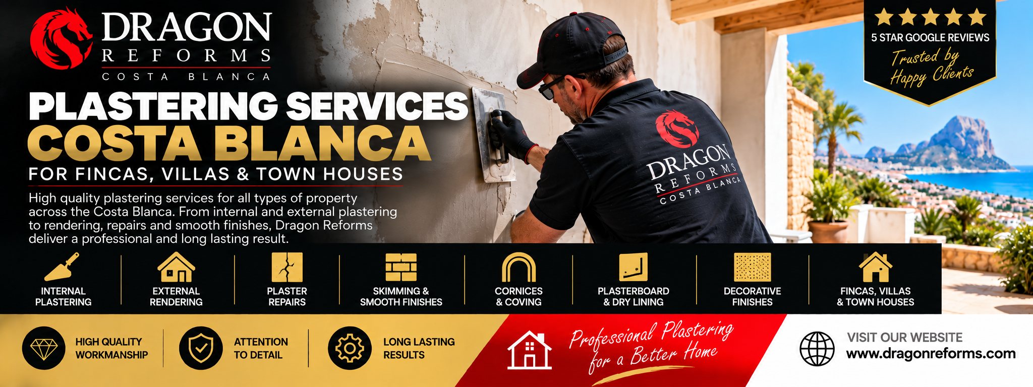 Dragon Reforms Plastering Services Costa Blanca banner - a plasterer smoothing a wall, with the Peñón de Ifach and the coast behind