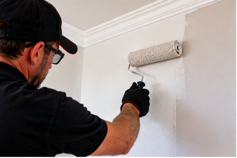 A decorator in a black cap rolling fresh white paint onto an interior wall below a white cornice