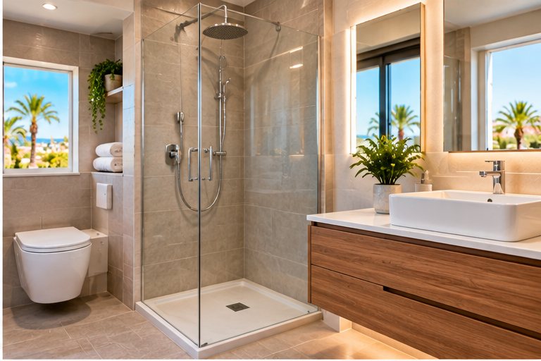 A finished bathroom with a glass-screened walk-in shower, wall-hung toilet and a wooden vanity unit with a basin