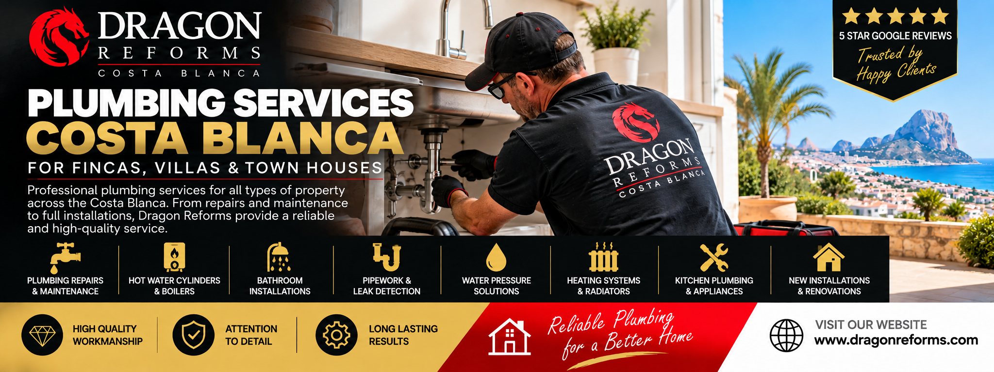 Dragon Reforms Plumbing Services Costa Blanca banner - a plumber at work in a Costa Blanca home, with the Peñón de Ifach and the coast behind