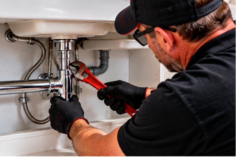 A plumber in a black cap and gloves using a red-handled wrench on the pipework under a basin