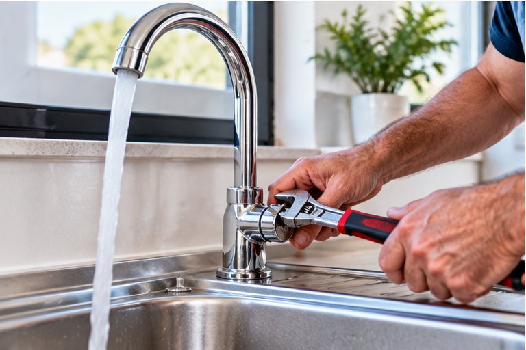 A hand tightening a mixer tap on a stainless steel sink with a wrench while water runs