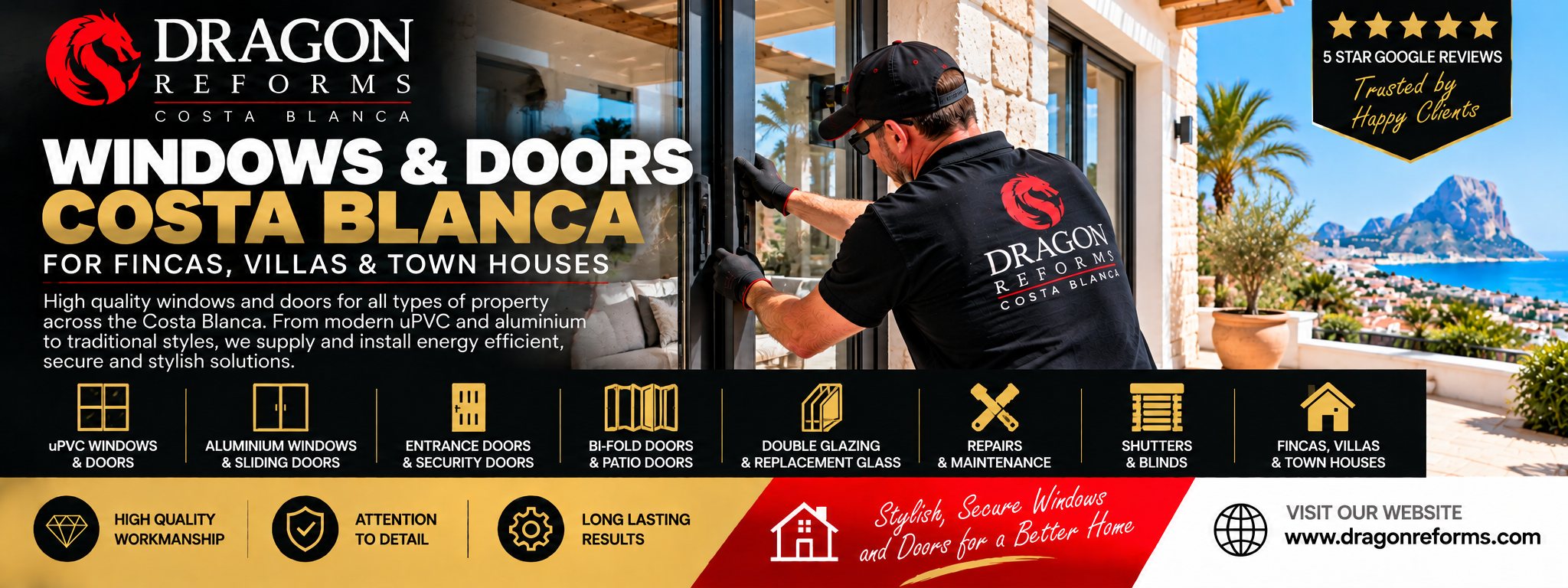 Dragon Reforms Windows & Doors Costa Blanca banner - an installer fitting a window, with the Peñón de Ifach and the coast behind